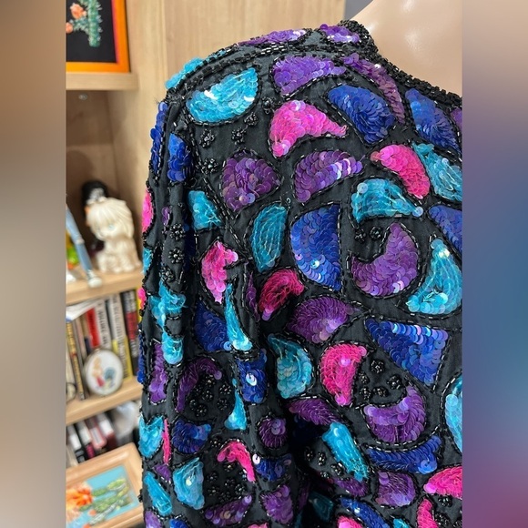 VTG Jean for Joseph Le Bon Sequin Jacket Sz LG Multicolor shapes 100% Silk Pads - Picture 4 of 9